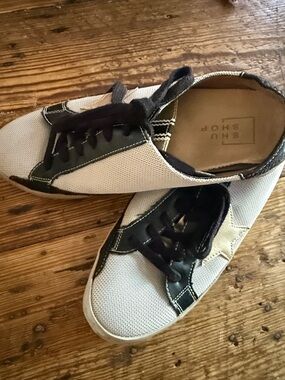 ShuShop womens Canvas mules in Cream and Black Trim